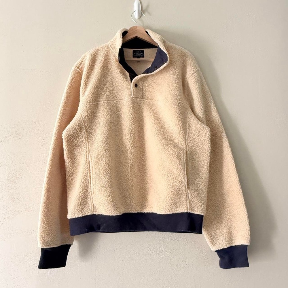 J.Crew Authentic Fleece Men's Medium Sherpa Snap Pullover Cream Navy